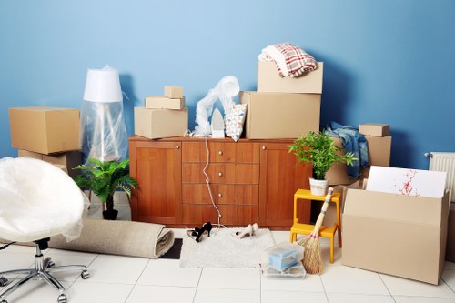 Packed moving boxes and protective materials for an Ickenham home move
