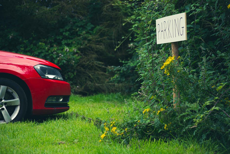 A close-up view of the front left side of a red hatchback car parked on a grassy area outdoors, with its headlight and wheel visible. To the right, there is a wooden post with a white hand-written sign that reads 'PARKING', attached with black string. Surrounding the post are green leafy bushes and yellow flowering plants, with dense trees and foliage in the background. The scene suggests a temporary or informal parking space adjacent to a property, highlighting the outdoor environment where house removals or furniture transport might take place, in relation to Hillingdon Council parking rules for Ickenham removals vans.